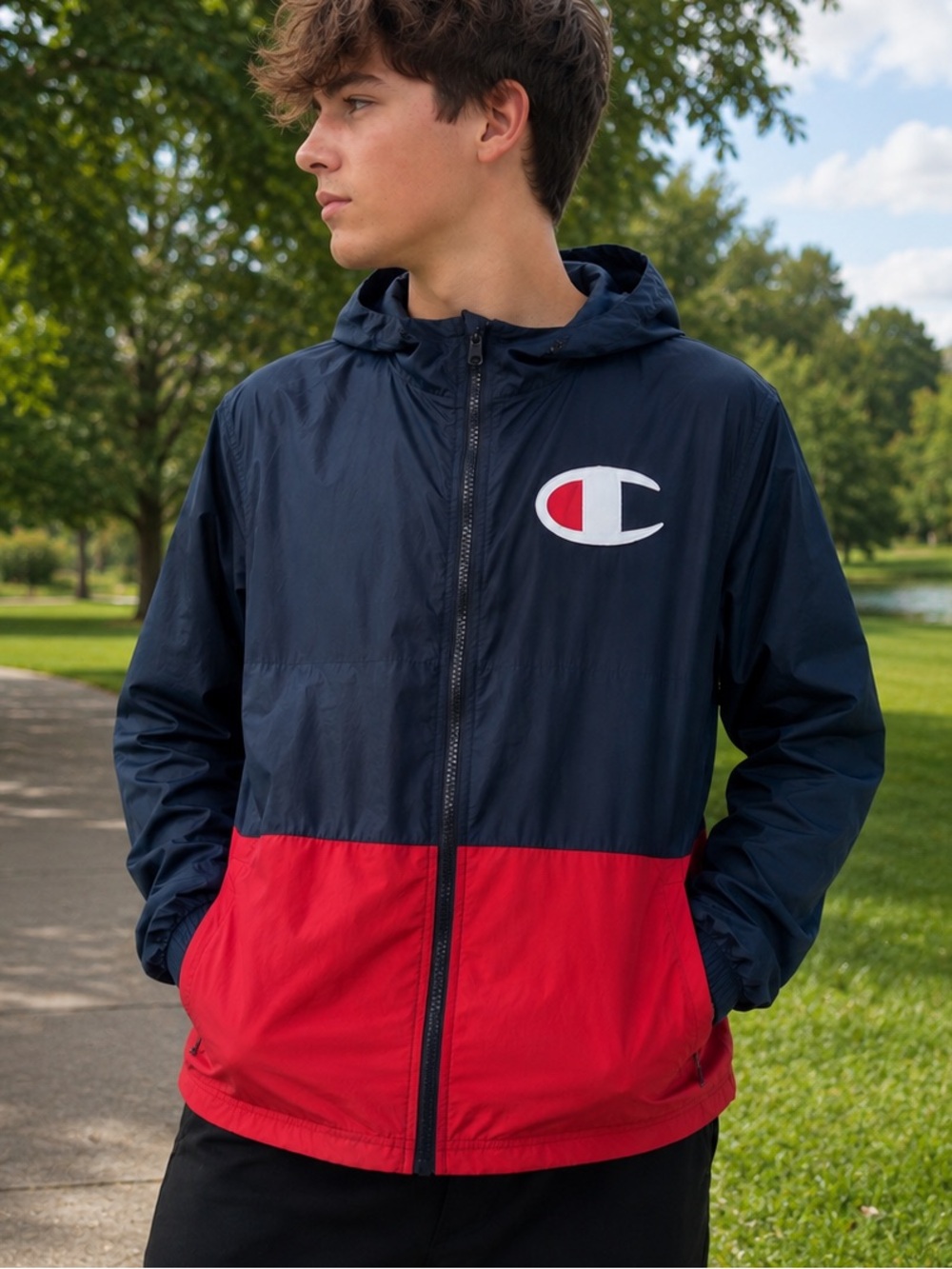 Champion Boys XL 14-16 Colorblock Windbreaker Jacket Navy Red Hooded